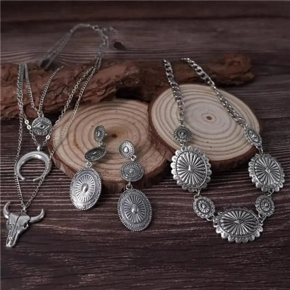 Sonya Western Concho Belt Cowgirl Necklace Dangle Earrings Jewelry set for Women